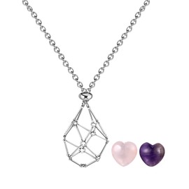 Flongo Women's Gemstone Crystal Necklace: Holder Crystal Holder Cage with 2 Crystal Stone Pendants Pink Purple Healing Stone Crystal Stone Holder Necklace Crystal Necklace Gift for Women Girls, Stone