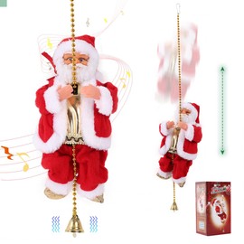 Electric Climbing Santa Claus on Rope Novelty Animated Climbing Santa Claus Figurines Christmas Plush Musical Moving Climbing Rope Santa Xmas Ornament for Decoration Gift