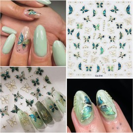 YOSOMMK Spring Flower Nail Art Stickers Decals Blue Green Butterfly Nail Decals Self Adhesive 5D Embossed for Women Nails Design Decoraion 3D Flower Mails Stickers Supplies