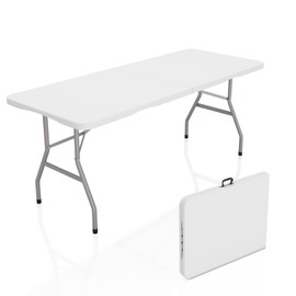 6ft Folding Table, Outdoor Foldable Table with HDPE Tabletop, Safety Locks, Easy to Carry and Store, No-Assembly Camping Table for Dining, Picnic, White