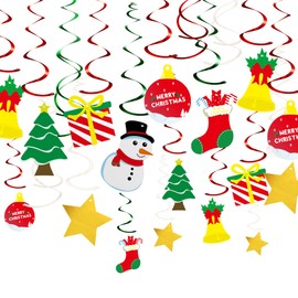 KUUQA 34 Pieces Christmas Hanging Swirl Decorations Kit Ceiling Swirl Decoration Christmas Tree Snowman Socks Gift Box Pentagram for Christmas Party Decoration