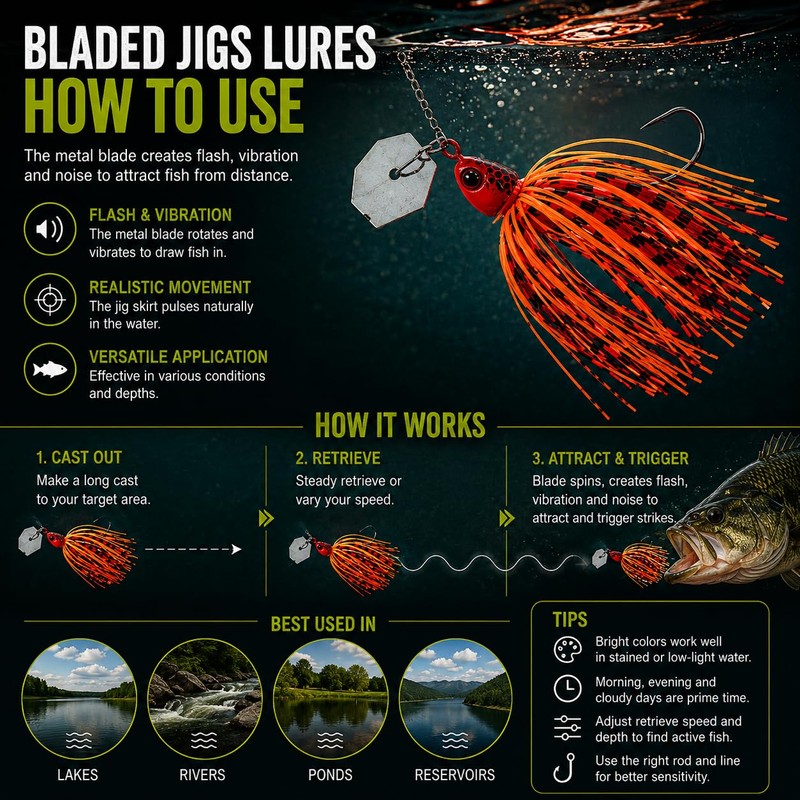 Kulport Bladed Jig Fishing Lures, Irresistible Vibrating Action, Sticky-Sharp Heavy-Wire