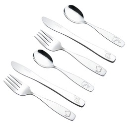 EXZACT Children's Cutlery Stainless Steel 6pcs, Kids Silverware Toddler, Dishwasher Safe, Engraved Ocean Creatures Dolphin, Turtle, Whale