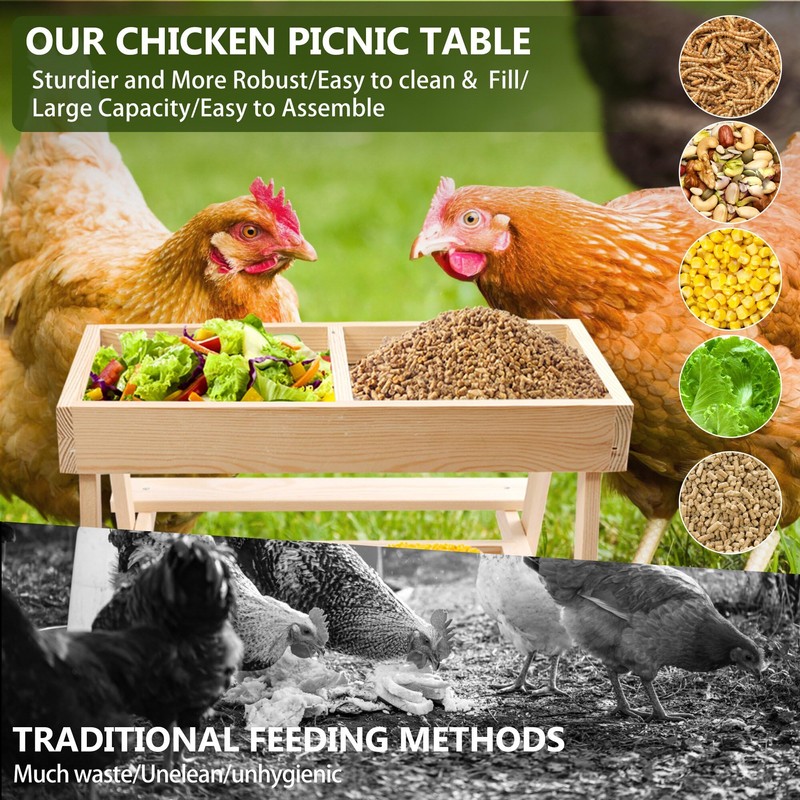 Double Chicken Picnic Table, Large Capacity Wooden Chicken Feeder No