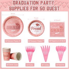 Graduation Party Supplies Decorations Serve 50, 2025 Graduation Party Plates and Napkins Set, Pink Disposable Paper Plates Napkins Cups for College High School Graduation Congrats Grad Party Supplies