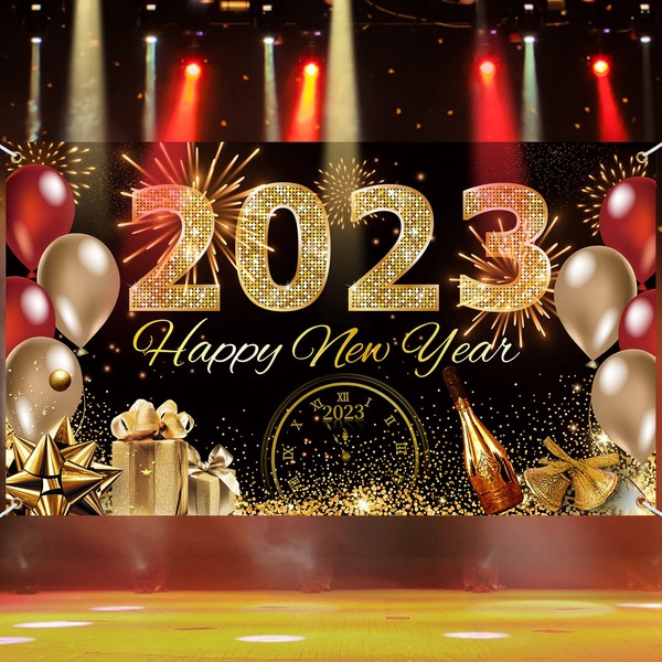 Happy New Year Decorations Banner Backdrop 2023, Happy New Year 2023 Decor for New Years Eve Party Supplies New Year Party Favor Large Black and Gold Happy New Year Background for Party Photo Booth