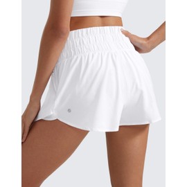 CRZ YOGA Pantalones Cortos Deportivos de Cintura Alta para Mujer con Volantes y Forro Frontal con Bolsillo con Cierre Blanco Grande
