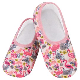 Snoozies Skinnies Slippers for Women - Non-Slip Lightweight and Soft Sherpa Lining - Foldable Travel (Flamingos-Large)