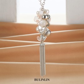 Bulinlin Silver Long Chain Women's Silver Pendant Chain with Tassels Fashion Jewellery Chain Long Birthday Gift for Women, Pearl Crystal, No Gemstone
