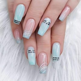 Medium Press on Nails Coffin Fake Nails Gradient Nails Press ons Glossy Glue on Nails Light Green False Nails with White & Silver Lines Designs Artificial Stick on Nails for Women 24Pcs