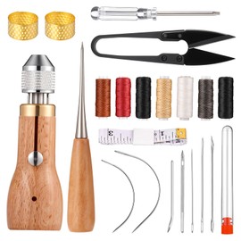 24pcs Speedy Stitcher Leather Sewing Awl Kit Professional Portable Leather Stitching Tool with Straight Curved Needles Waxed Threads Screwdriver Scissors Tape Measure for Furniture Repair DIY Craft