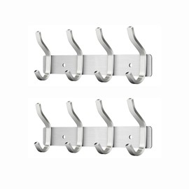 MEIJO Stainless Steel Coat Hooks, Wall Coat Hooks with 4 Hooks, Coat Rack, Wall Coat Rack for Bedroom, Bathroom, Kitchen (Silver, 4 Hooks, Pack of 2)