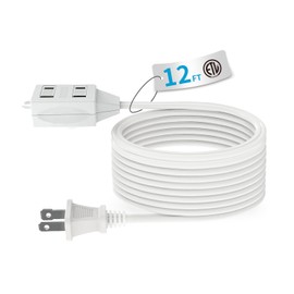 TiFFCOFiO Indoor Extension Cord, 2 Prong 12 Feet Extension Cord, 3 Polarized Outlets with Safety Slide Windows,13A/1625W, 16 AWG