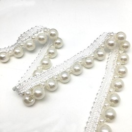 2 Yards Faux Pearls Lace Ribbon Faux White Pearl Beaded Fringe Trim Pearl Fringe Applique for DIY Crafts Wedding Party Sewing Home Decoration,White