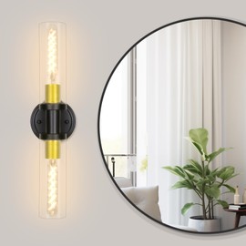 SILAMPDI 2-Light Bathroom Vanity Light Fixture, Black and Gold Sconces Wall Lighting with Clear Glass Shade, Modern Wall Sconce for Mirror, Living Room, Bedroom, Hallway, E26 T10 Bulbs(Excluded)
