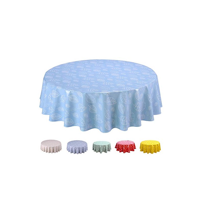 Oilcloth Tablecloth Washable Round 140 cm Leaves Light Blue