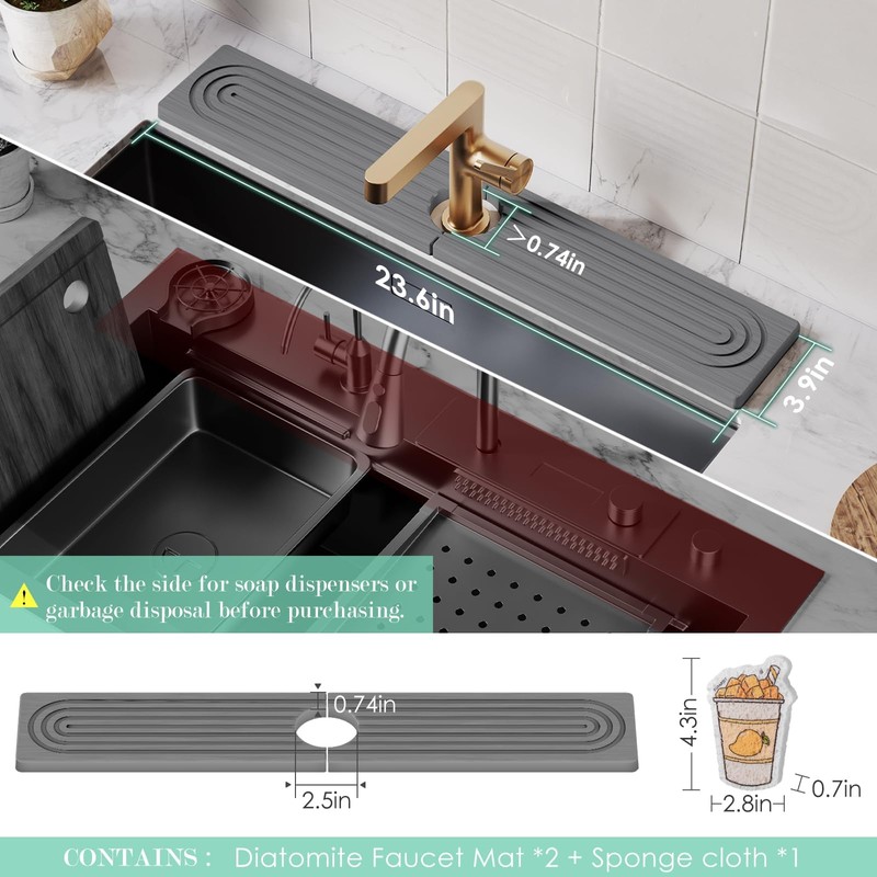 23.6'' Long Stone Faucet Mat for Kitchen Sink-Diatomite Quick Dry