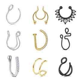 QWALIT Fake Nose Ring Fake Septum Piercing Fake Septum Ring Faux Nose Piercing Fake Septum Nose Ring Non Pierced Septum Rings Fake Nose Piercing Silver Gold Black Clip on Nose Ring for Women Men