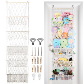iHansee 5 Tier Stuffed Animal Storage Shelf Net, 17x61 Inch Large Plushie Net w/LED Light & Clips for Mini Medium Stuffy Teddy, Beige Boho Macrame Wall Toy Holder Display for Nursery Kids Girls Boys