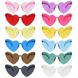 VirtuGro 12 Pcs Heart Glasses, Rimless Heart Shaped Sunglasses Hippie Colorful Party Glasses for Adults Kids Funky Sunglasses Tinted Eyewear Bachelorette Fancy Dress Costume Favours Photo Booth Props