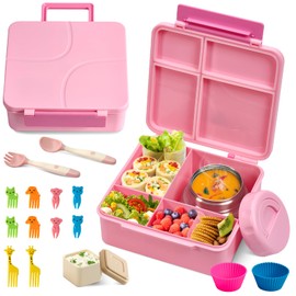 JSLOVE Bento Lunch Box with Leak Proof Thermos Food Jar for Kids, Food Lunch Containers for Girls with 4 Compartments, BPA-Free with Utensils, Food Picks, Sauce Jar & Silicone Lunch Box Dividers