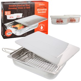 Camerons Large Stovetop Smoker - Stainless Steel BBQ Smoker Box w/Hickory & Oak Wood Chips & Recipe Guide - Indoor Outdoor Use on Any Heat for Smoking Meats, Veggies & Seafood - Grilling Gift for Men