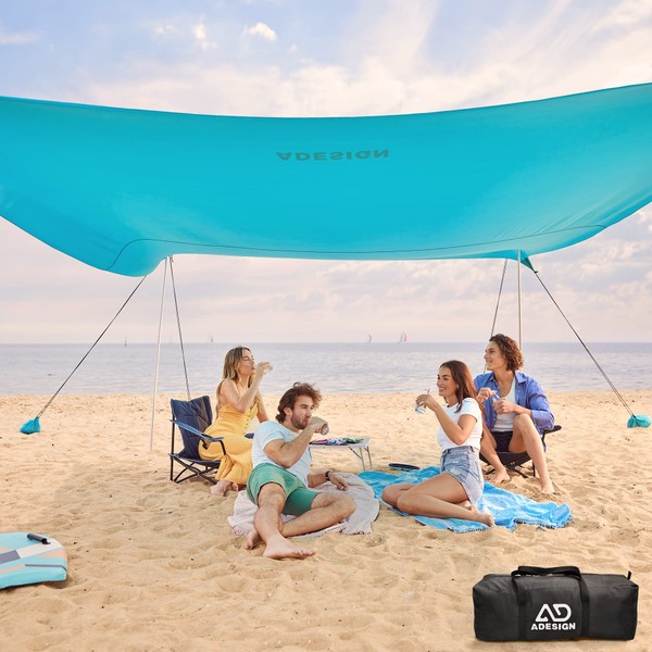 ADesign Windproof Beach Tent Sun Shelter with 8 Sandbags, 10 x 10 FT Wind Resistant Large Family Beach Canopy with Sand Shovel, 6.5ft Tall, UPF50+, Easy Setup Sun Shade for Beach Vacation, Teal