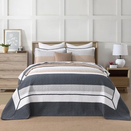 FineStichery 100% Cotton Oversized Quilt Bedspread Coverlet, King Bedspreads 128"x120" with Pillow Shams, Lightweight Striped Quilted Bedding Set, All Seasons, Navy Blue/Gray/Brown/White