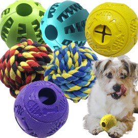 Jalousie Dog Puzzle Balls Dog Treat Dispensing Balls Non-Toxic Natural Rubber Dog Chew Toys for Puppy Pet Dog Teething Puzzle Playing Treat Dispenser Rope Balls (Small - 6 Pack)