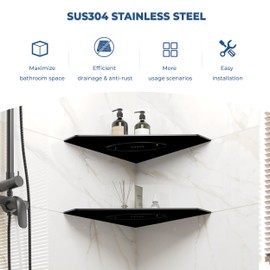 FerdY 2-Pack 10" Matte Black Recessed Corner Shower Shelf, for Tiled Bathroom Walls, Floating Shelf, 304 Stainless Steel Shower Caddy Storage Shelves, No Drilling Required, Rugby Diamond