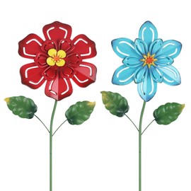 hogardeck Metal Flower Decorative Garden Stakes, 2 Pack 22" Outdoor Garden Decor with Shaking Flower Head Yard Stakes, Yard Art Spring Decorations for Patio Lawn (Blue & Red)