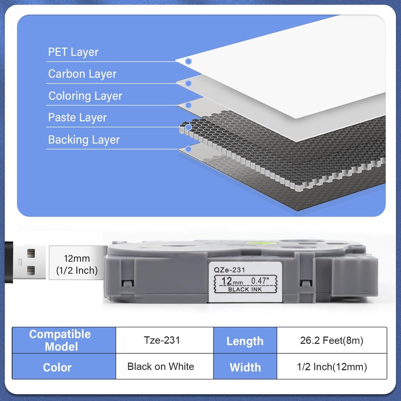 5 X TZe-231 Label Maker Tape 12mm 0.47’’ Laminated White