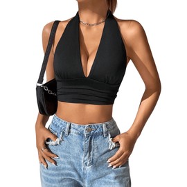 GORGLITTER Women's Crop Tank Top Halter Tops Halterneck Summer Shirts Backless Tops, black