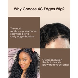 MENTOR 4C Edges Lace Front Wig Kinky Curly Human Hair 13x4 Lace Frontal Curly Wigs Kinky Edges Pre-Plucked 180% Density 16 inch