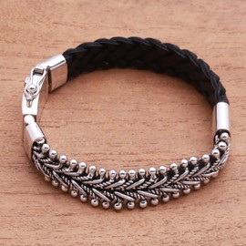 NOVICA Artisan handmade leather sterling silver bracelet black braided link no stone wristband chain indonesia [for Length 7.5 inch 7.5 in L x 0.7 in W for Length 8.25 inch 8.25 in L x 0.7 in W] '