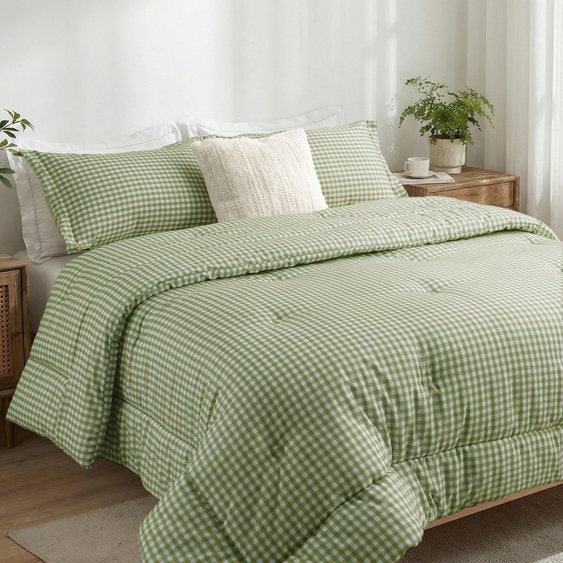 SunNewt Full Comforter Set, Fluffy Green Gingham Plaid Bedding, 3