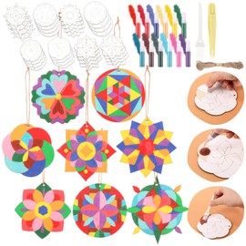 Weekgrat 24 Pcs 4 Inch Sand Painting Mandala Coloring Craft Kits Animal Wooden Sand Art with 12 Colored DIY Valentine Self Adhesive Painting for Party Favors Gifts Fun Home Activities(Mandala)