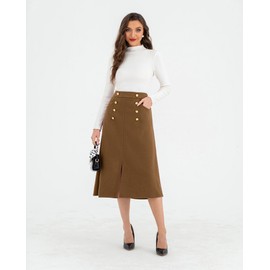 Belle Poque Women's 2024 Fall Winter Skirt Elastic High Waisted A Line Midi Skirts with Pockets(Brown,2XL)