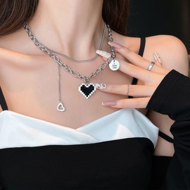 Layered Heart Necklace Silver Paperclip Necklace Mosaic Heart Punk Necklace for Women (A)…