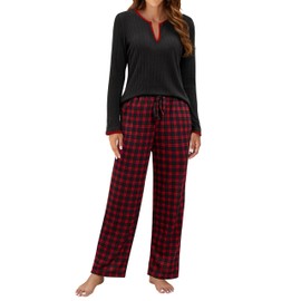 Blooming Jelly Womens 2 Piece Pajama Sets Flannel Soft Fleece Cozy Sleepwear V Neck Drawstring Loungewear (M, Red Plaid)