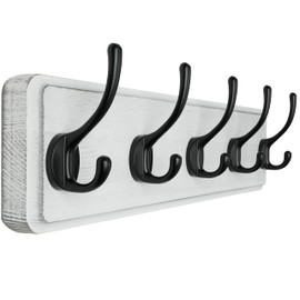 SKOLOO Rustic Wall Mounted Coat Rack, Pine Solid Wood Coat Hook Hanger - 5 Hooks for Hanging Clothes Robes Towels Coats