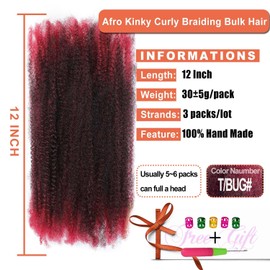 Afro Kinky Curly Synthetic Bulk Hair 12 Inch 3 Packs Marley Twist Hair Bulk for Dreadlock Extensions Spring Afro Twist Hair Bulk for Mini Twist Repair Locs (T/bug#, 12 Inches)