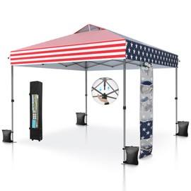 MFSTUDIO Pop Up Canopy Tent, 10x10 Outdoor Canopies One Person Push Set Up Tents Instant Portable Shelter Tents with Vented Top, Storage, 4 Sandbags, Beach Canopy,Red Stripe