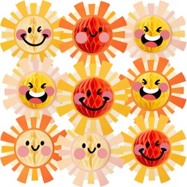 Paper Jazz First Trip Around The Sun Deorations,12pcs Sunshine Birthday Decorations,Boho Themed Party Decorations，Sun Birthday Party Hanging Pom Poms Honeycomb for Hippie Retro and Baby Shower.