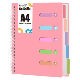 Koogel Ruled Notebook A4, Pink Spiral Notebook with Dividers Hardcover Notebook 5 Subject for School Note Taking Office 28x21cm