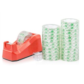 BOMEI PACK Cute Red Desk Tape Dispensers, 1 Pack with 12Rolls Transparent Tape, 1 Inch Core, for School, Office and Home DIY