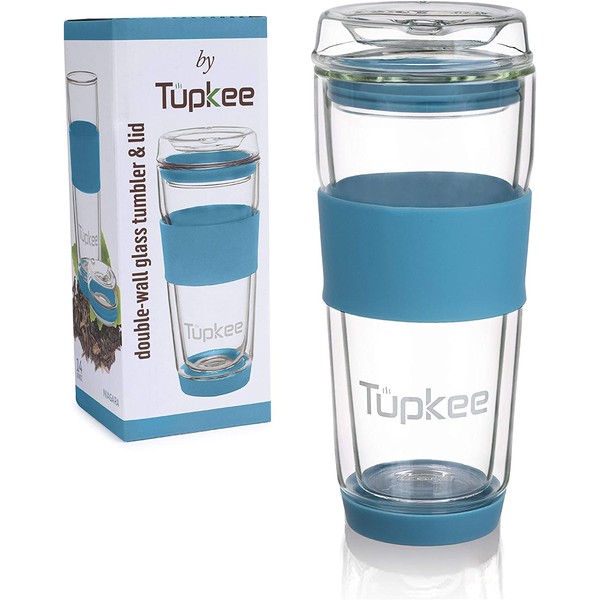 Tupkee Double Wall Glass Tumbler - 14-Ounce, All Glass Reusable Insulated Tea/Coffee Mug & Lid, Hand Blown Glass Travel Mug - Niagara