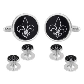 Fleur De Lys Cufflinks and Studs Formal Set Tuxedo in a Presentation Gift Box Black Fleur De Lis Silver Round Wedding