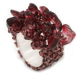 Avalaya Plum Purple Glass Stone and Glass Bead Cluster Band Style Flex Ring/Size M/L