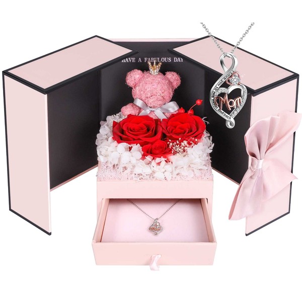 ADDWel Birthday Gifts for Mum, Preserved Rose with with 925 Sterling Silver Mom Necklace, Cute Bear Gift Box for Her, Anniversary Present for Valentines Christmas Mothers Day from Son